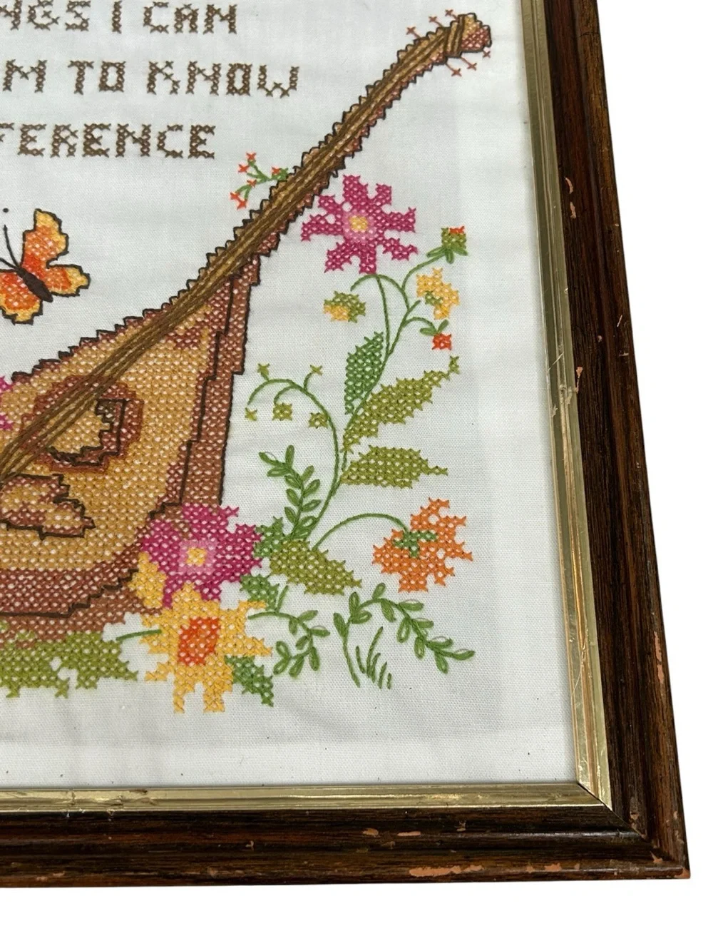 Vintage Framed Cross Stitch Serenity Prayer Wall Art, Folk Art
